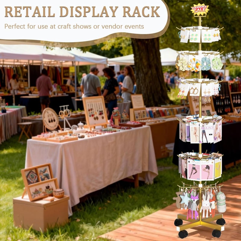 Exttlliy Retail Display Stand Store Display Rack 6 Tier Metal Spinning Display Stand Rack with Wheels Keychain Jewelry Stocking Hat Stand with Hooks for Malls, Showroom, Retail Store (6 Tier Gold) - Image 5